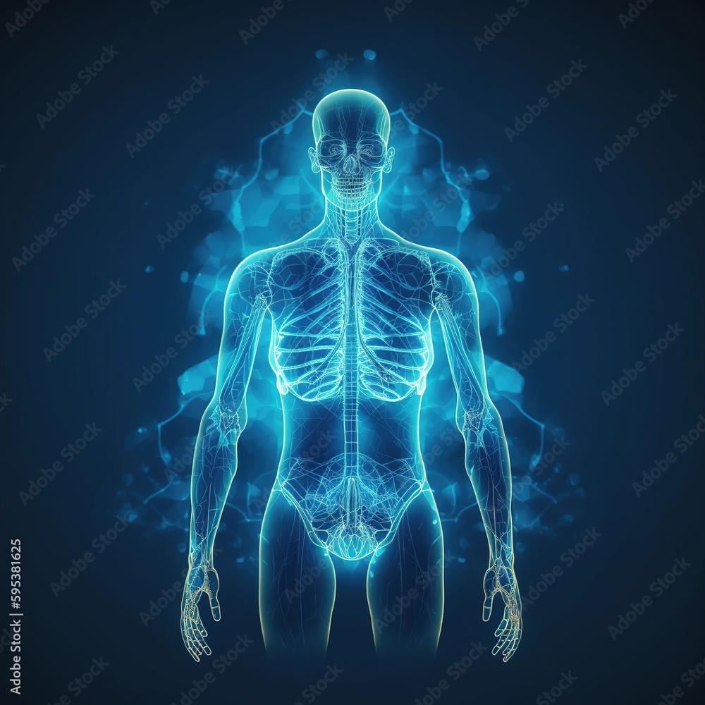 Human anatomy of organs, neurology, and the concept of a healthy body. Image in polygons on a blue neon background. generative ai Human anatomy of organs, neurology, and the concept of a healthy body. Image in polygons on a blue neon background. generative ai