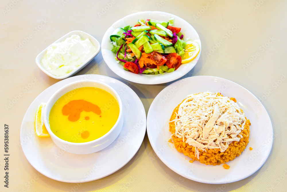Traditional delicious Turkish food; Turkish style rice pilaf (Turkish name; Arpa sehriyeli. tavuk, kuru fasulyeli, pirinc pilavi) Traditional delicious Turkish food; Turkish style rice pilaf (Turkish name; Arpa sehriyeli. tavuk, kuru fasulyeli, pirinc pilavi)