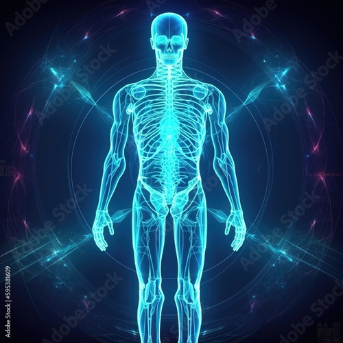 Human Brine. Organ anatomy, neurology, healthy body concept. Polygonal image on blue neon background. generative ai