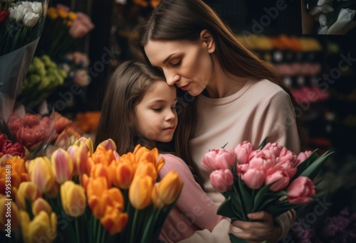 Attractive, charming, pretty, cute, sweet, lovely mother and daugther celebrating Mother day, holding bouquet of colorful tulips, enjoying hugging with each other,generative ai.