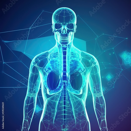 Human Brine. Anatomy of organs, neurology, and the concept of a healthy body. Image in polygons on a blue neon background. generative ai