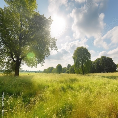 Landscape in summer with trees and meadows in bright sunshine. generative ai