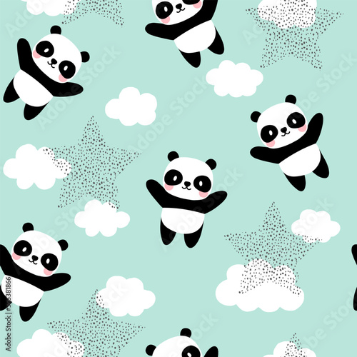 Kawaii hand drawn panda bear with clouds and stars in the sky, mint green baby girl and boy seamless pattern background, kids cute woodland animals fabric and textile, baby curtains print design.