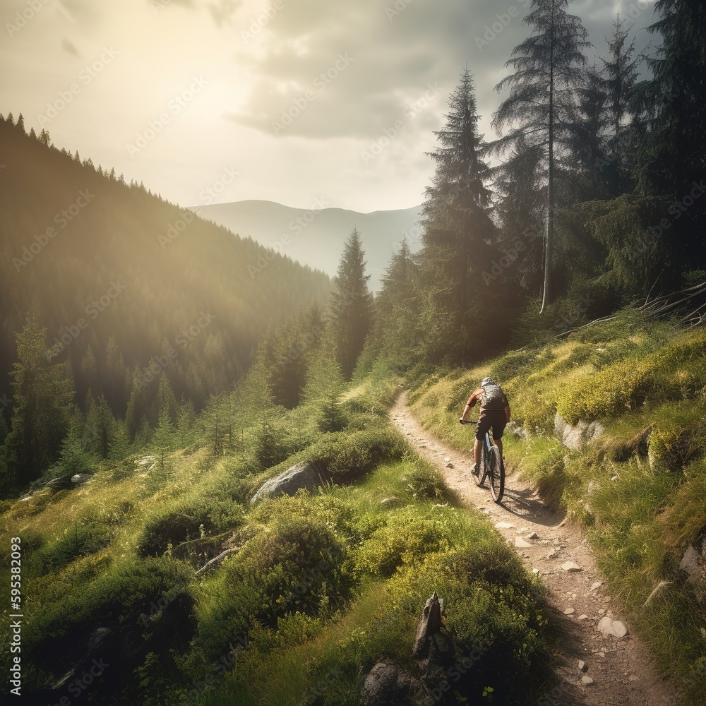 Mountain biking man riding on bike in summer mountains forest landscape. generative ai