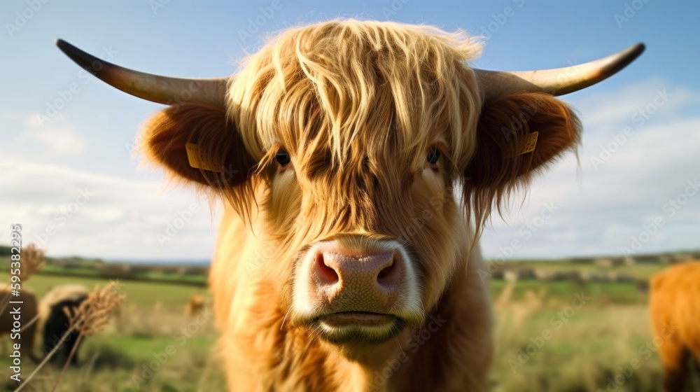 Portrait of fluffy cow or highland cattle in sunny plains field generative ai Portrait of fluffy cow or highland cattle in sunny plains field generative ai