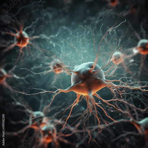 neuron cell network inside the brain. across a neural network. generative ai