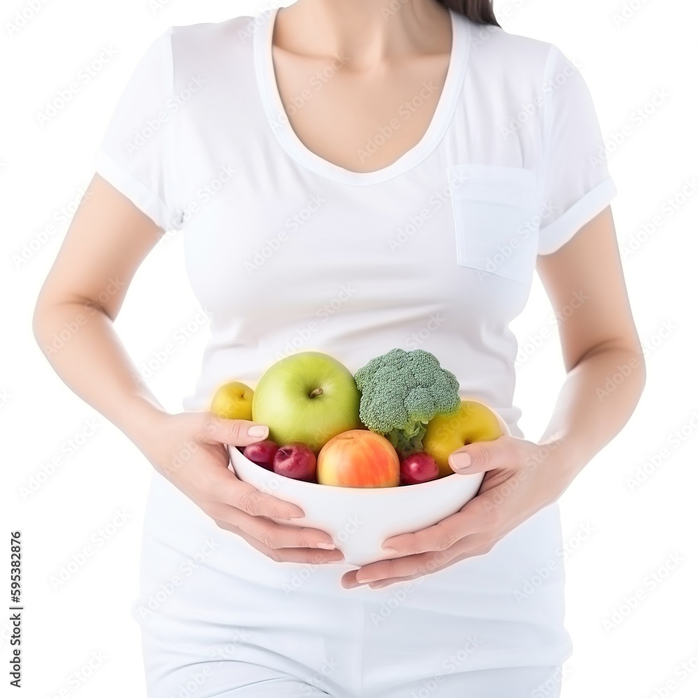 Pregnancy or diet concept, female hands protecting the stomach on white background. generative ai Pregnancy or diet concept, female hands protecting the stomach on white background. generative ai
