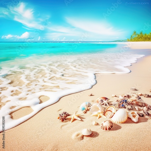 Sunny tropical beach with turquoise water, summer vacation background, sand with seashells, palm tree on the beach. generative ai