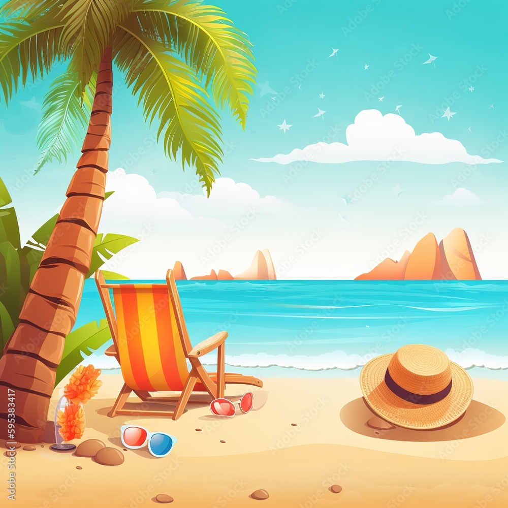 Obraz premium summer scene. hat and sunglasses on the beach. generative ai