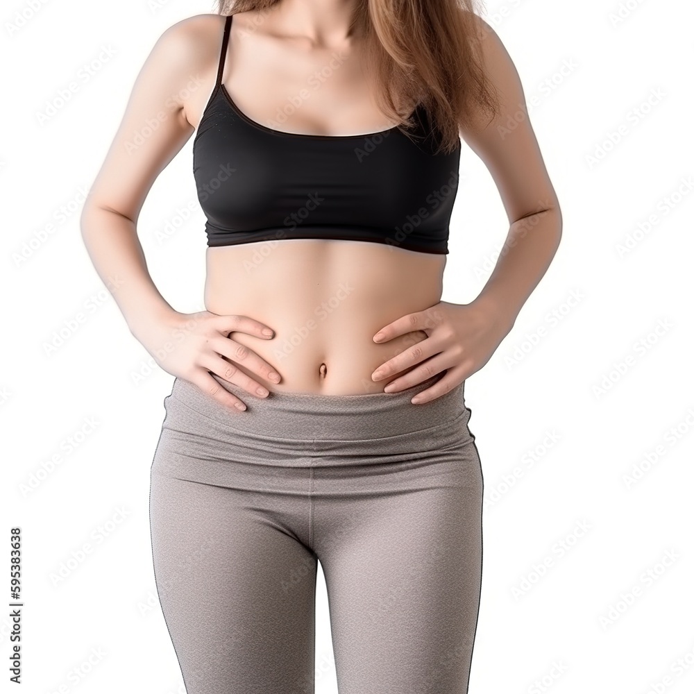 Woman, body, and stomach in studio for healthy lifestyle motivation for weight loss, diet, or fitness. Female on a white background with her hand on her waist for good health. generative ai Woman, body, and stomach in studio for healthy lifestyle motivation for weight loss, diet, or fitness. Female on a white background with her hand on her waist for good health. generative ai