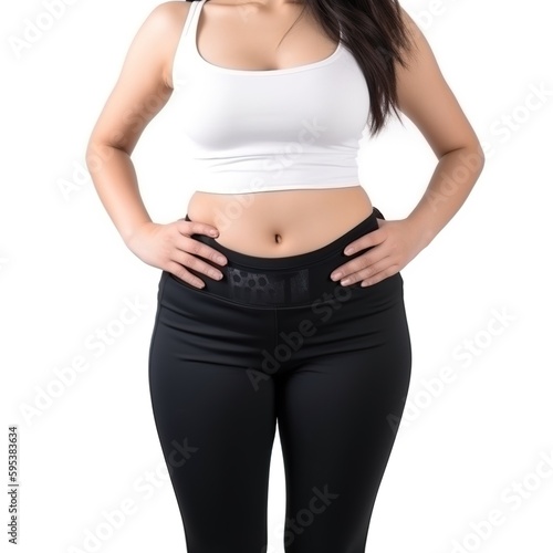 Woman, body, and stomach in studio for healthy lifestyle motivation for weight loss, diet, or fitness. Female on a white background with her hand on her waist for good health. generative ai