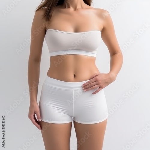 Woman, body and stomach for healthy lifestyle in studio as motivation for weight loss, diet or fitness. Female on a white background with hand on waist for health. generative ai