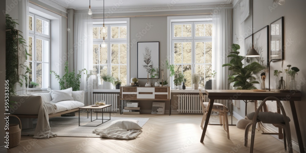 Scandinavian interior design room with beautiful lightning generative ai Scandinavian interior design room with beautiful lightning generative ai