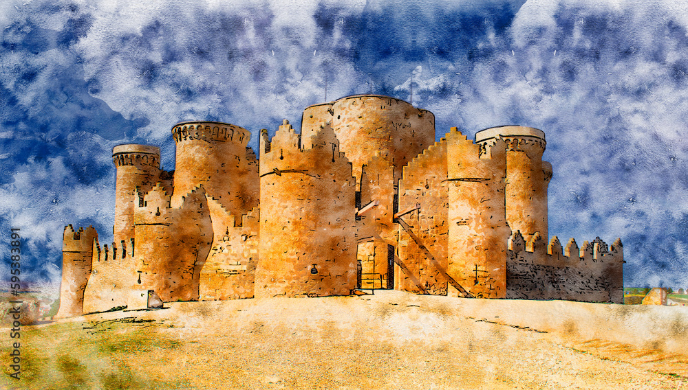 Watercolor of the castle of belmonte, cuenca, Spain.