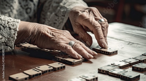 Old man's hands training the memory with dominoes. Ai Generative.