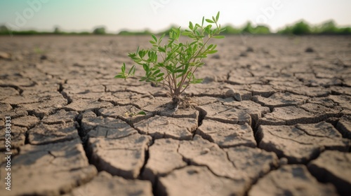 Green plant growing on a dry field. Drought concept. Ai Generative.