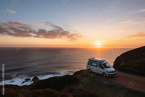 Photograph of a camper van on a cliff overlooking the ocean. Generative ai