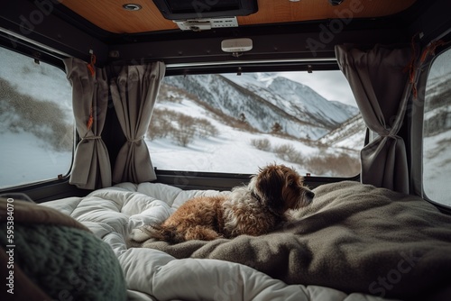 A dog lying on cozy bed inside of camper van with view on mountains. Generative ai