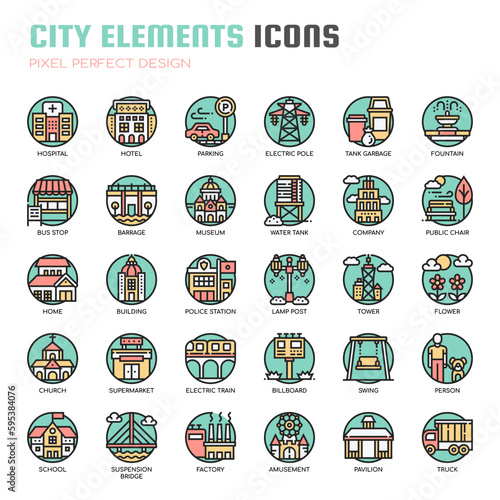 City Elements , Thin Line and Pixel Perfect Icons