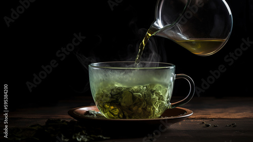 Cup of Tea, Steam Rises from Hot Aromatic Green Chinese tea with mint, pouring from the kettle to a glass mug, Rustic Wooden Table on Dark Background