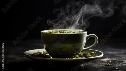 Cup of Tea, Steam Rises from Hot Aromatic Green Chinese tea with mint in glass mug, Dark Wooden Table on Black Background