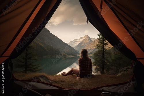 Woman sitting near tent with lake and mountain view. Generative ai