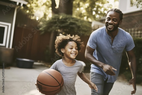 African American father and son bonding game of basketball on driveway on Father's Day, joyful connection, heartwarming and memorable moment, generative ai