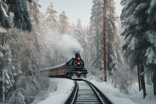 Winter train journey through snowy forest with Polar Express locomotive. Generative AI © Isabela