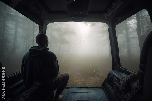 Man inside a camper van looking on foggy pine forest. Generative ai © Oleksandr Kozak