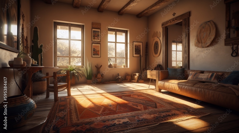 Southwestern interior design room with beautiful lightning generative ai Southwestern interior design room with beautiful lightning generative ai