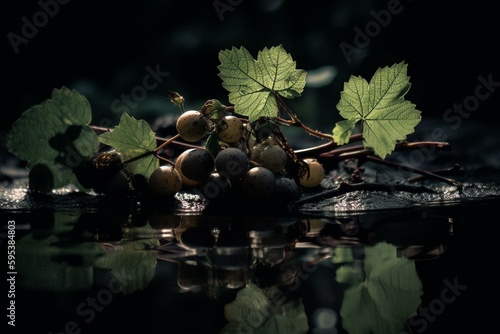 A grape bunch with leaves reflected on the water and bright backlight on black background. Generative AI