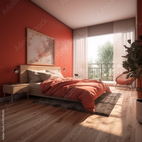 cozy bedroom with red walls, ai generatet photo