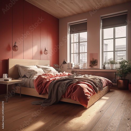 cozy bedroom with red walls, ai generatet photo