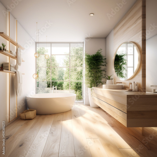 Modern  luxurious Bathroom  white walls  sunny  lots of soft wood 