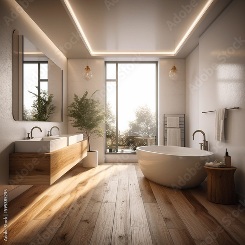 Modern, luxurious Bathroom, white walls, sunny, lots of soft wood,
