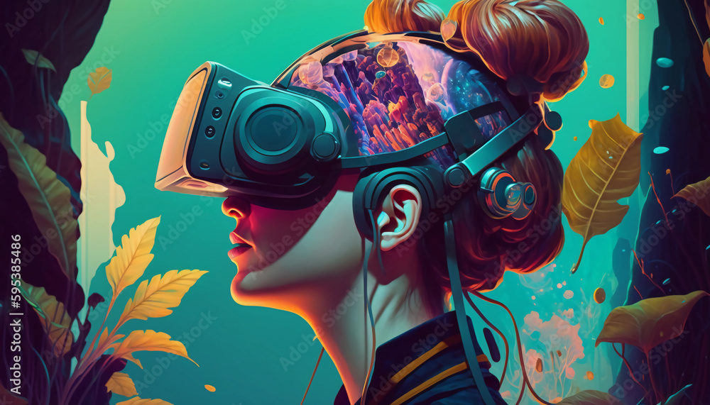 Woman with VR headset exploring the Metaverse, Created with generative Ai Technology.
