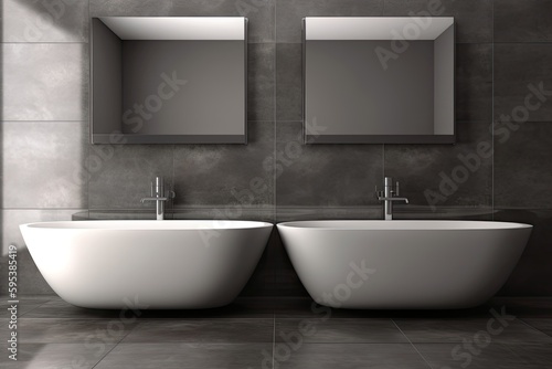 two modern white sinks placed side by side in a contemporary bathroom. Generative AI