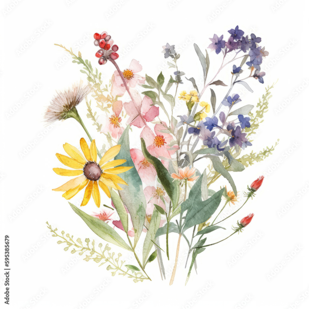 Watercolor wildflower bouquet. Illustration AI Generative. Watercolor wildflower bouquet. Illustration AI Generative.