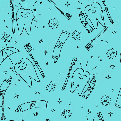 Pattern Healthy, Happy Teeth. Drawing outline.  Toothbrush and toothpaste. Tooth with a smile. Dentistry. A shiny white tooth holding an umbrella. Doodle style. Seamless pattern. Oral hygiene.