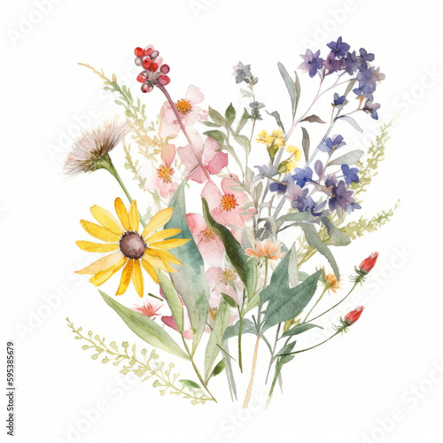 Watercolor wildflower bouquet. Illustration AI Generative.