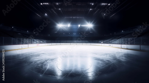 Empty ice rink with lights. Illustration AI Generative