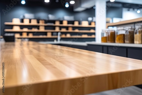 rustic wooden table with jars of honey in a retail store. Generative AI