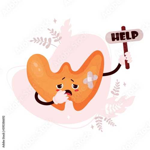 Unhappy sad cartoon thyroid. Cute character human organ is sick, suffering and asking for help. Vector illustration. Organ of endocrine system needs care and treatment.