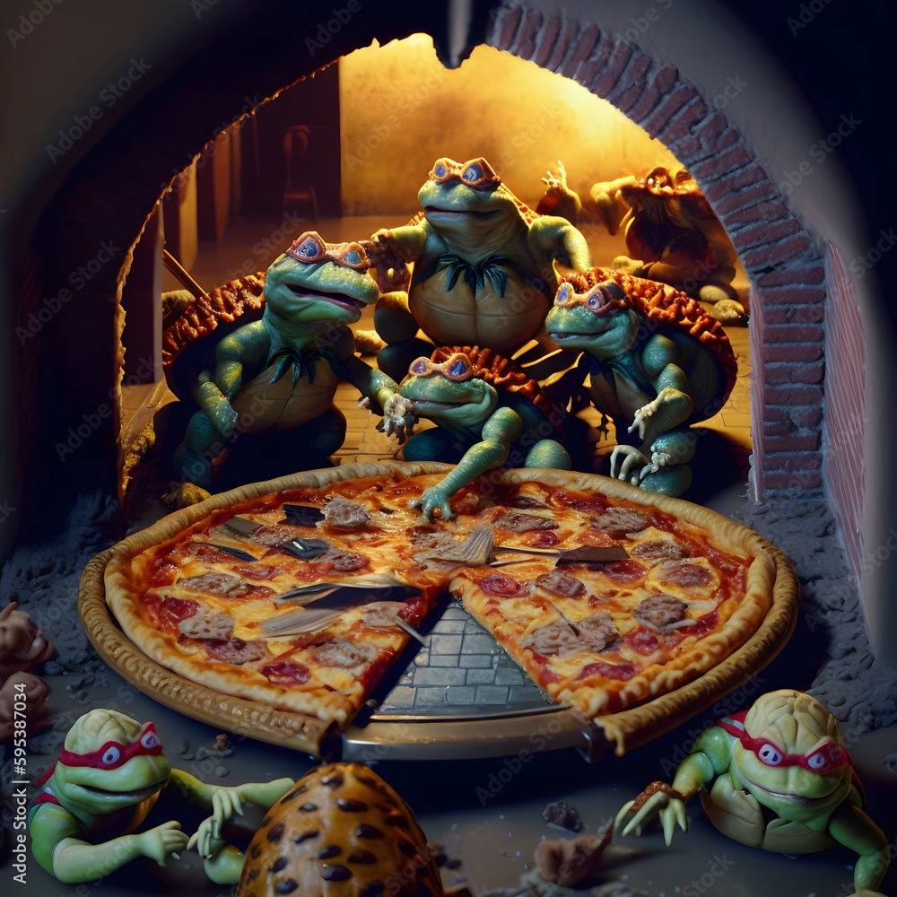 ninja turtle fighting rats in the sewer over cartoon pizza a film photo