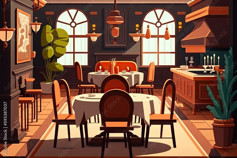 Restaurant Interior, Drawing Imitation, Abstract Generative AI Illustration