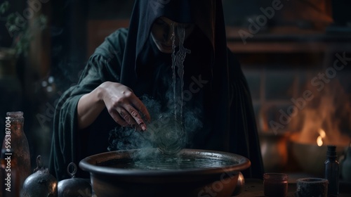 Witch mixing herbs in a cauldron, mystical wiccan ambiental background with intricate details generative ai photo