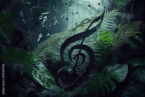 Rain Forest Music Collage  Jungles Melody  Classic Musical Poster  Nature Sounds Abstract Generative AI Illustration