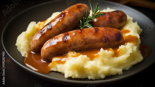 A traditional British dish, bangers and mash consists of sausages and mashed potatoes