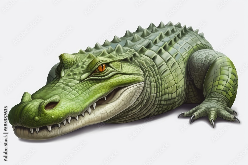 fierce green alligator head with sharp teeth and yellow eyes. Generative AI - obrazy, fototapety, plakaty 