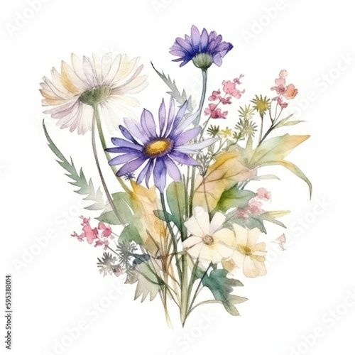 Watercolor wildflower bouquet. Illustration AI Generative. © olegganko